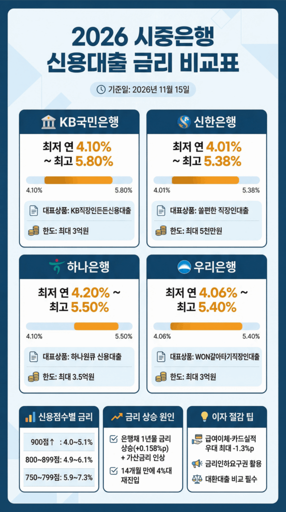 📊 2026년 4대 은행 신용대출 금리 비교표